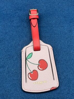 Coach Pink Cherry Leather Luggage Tag with Red Strap